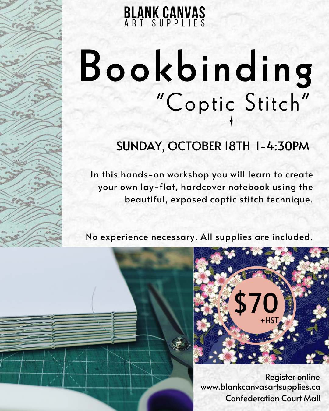 Bookbinding Workshop: Coptic Stitch Notebook - Sunday, October 18th 1-4:30pm