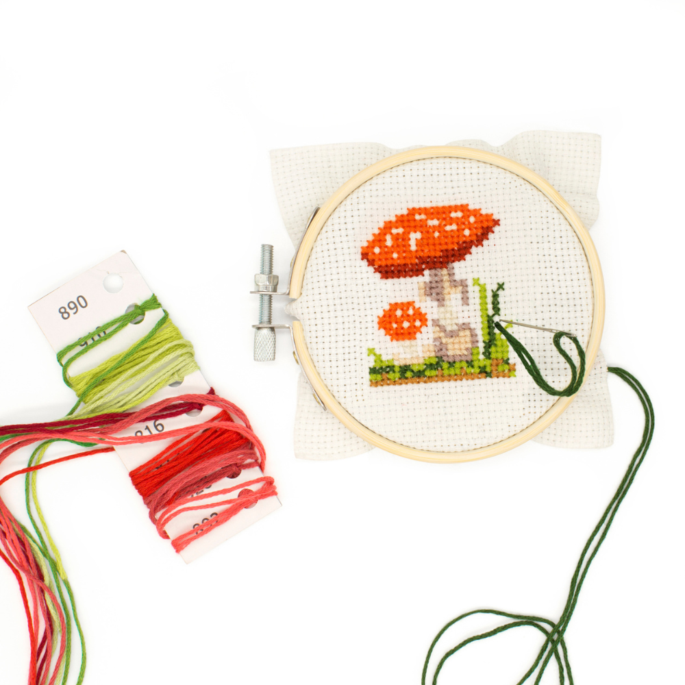 Kikkerland Mini Cross Stitch Embroidery Kit - Mushrooms