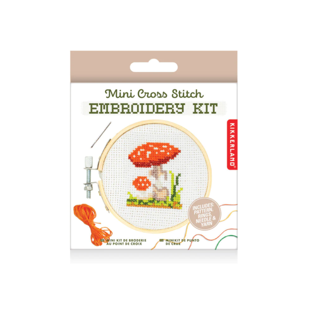 Kikkerland Mini Cross Stitch Embroidery Kit - Mushrooms