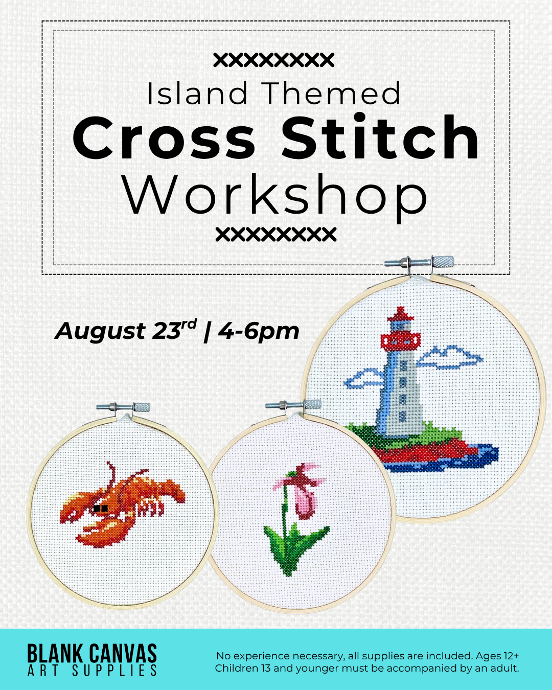 Island-Themed Cross Stitch Workshop August 23rd 4-6pm