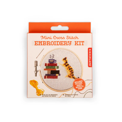 Kikkerland Mini Cross Stitch Kit - Cat & Books