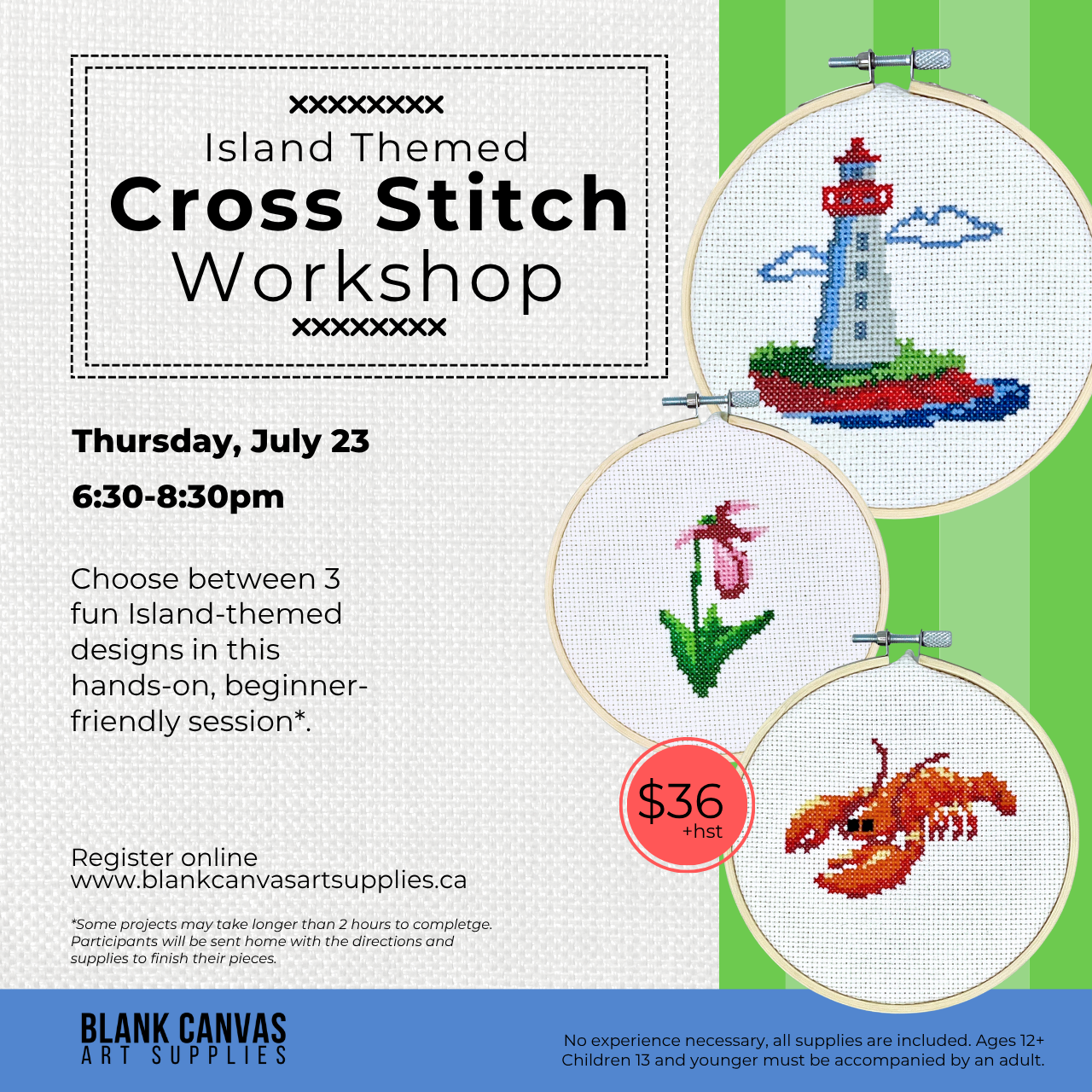 Island-Themed Cross Stitch Workshop July 23rd 6:30-8:30pm