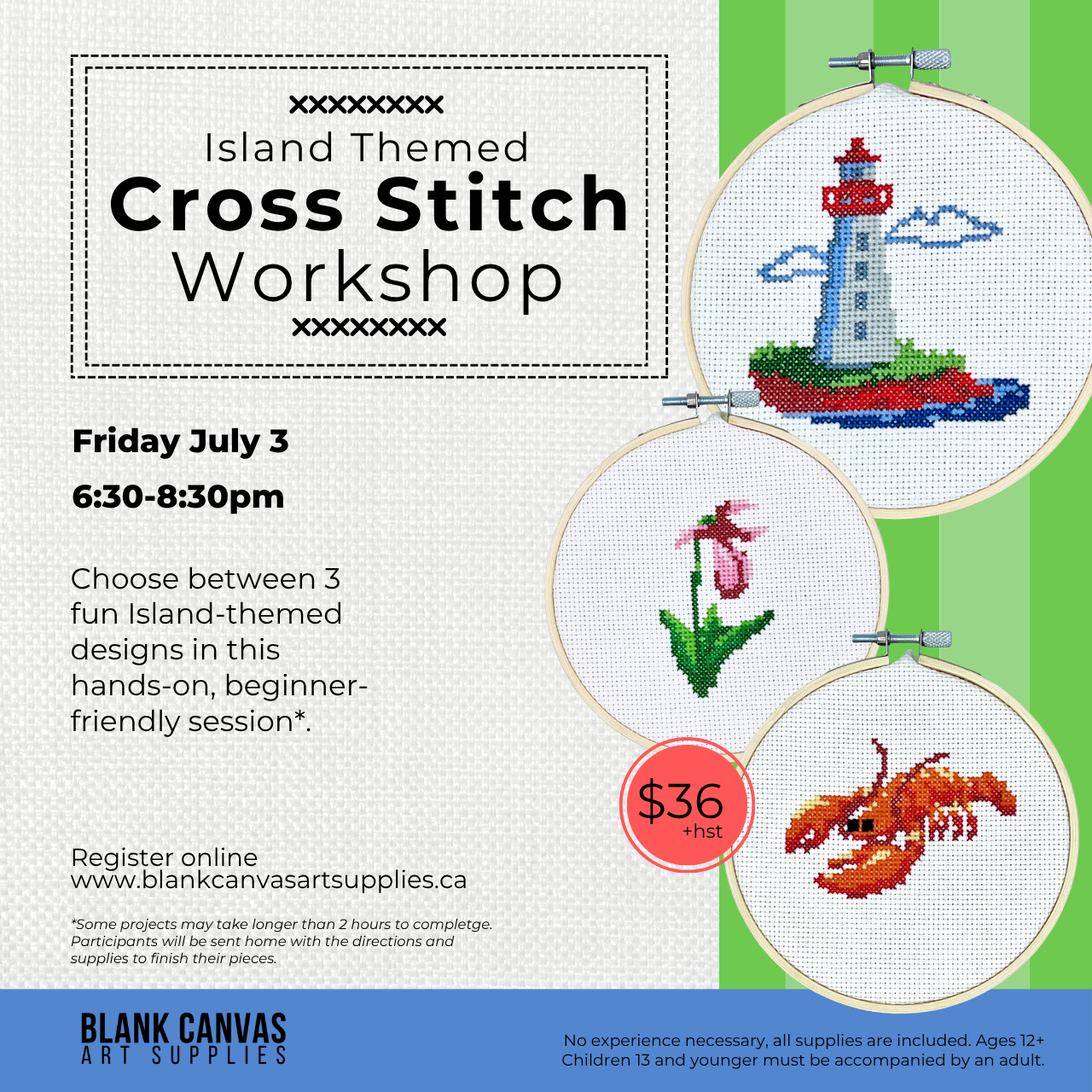 Island-Themed Cross Stitch Workshop July 3rd 6:30-8:30pm