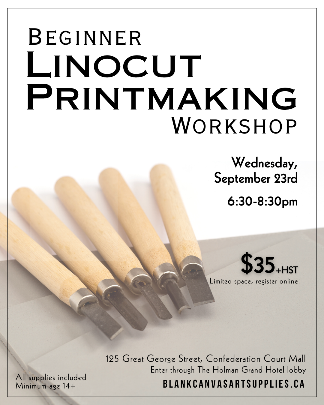 Beginner Lino Printmaking: September 23rd 6:30-8:30pm